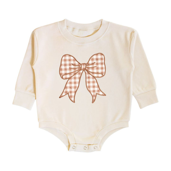 Gingham Bow Patch Long Sleeve Romper - Natural