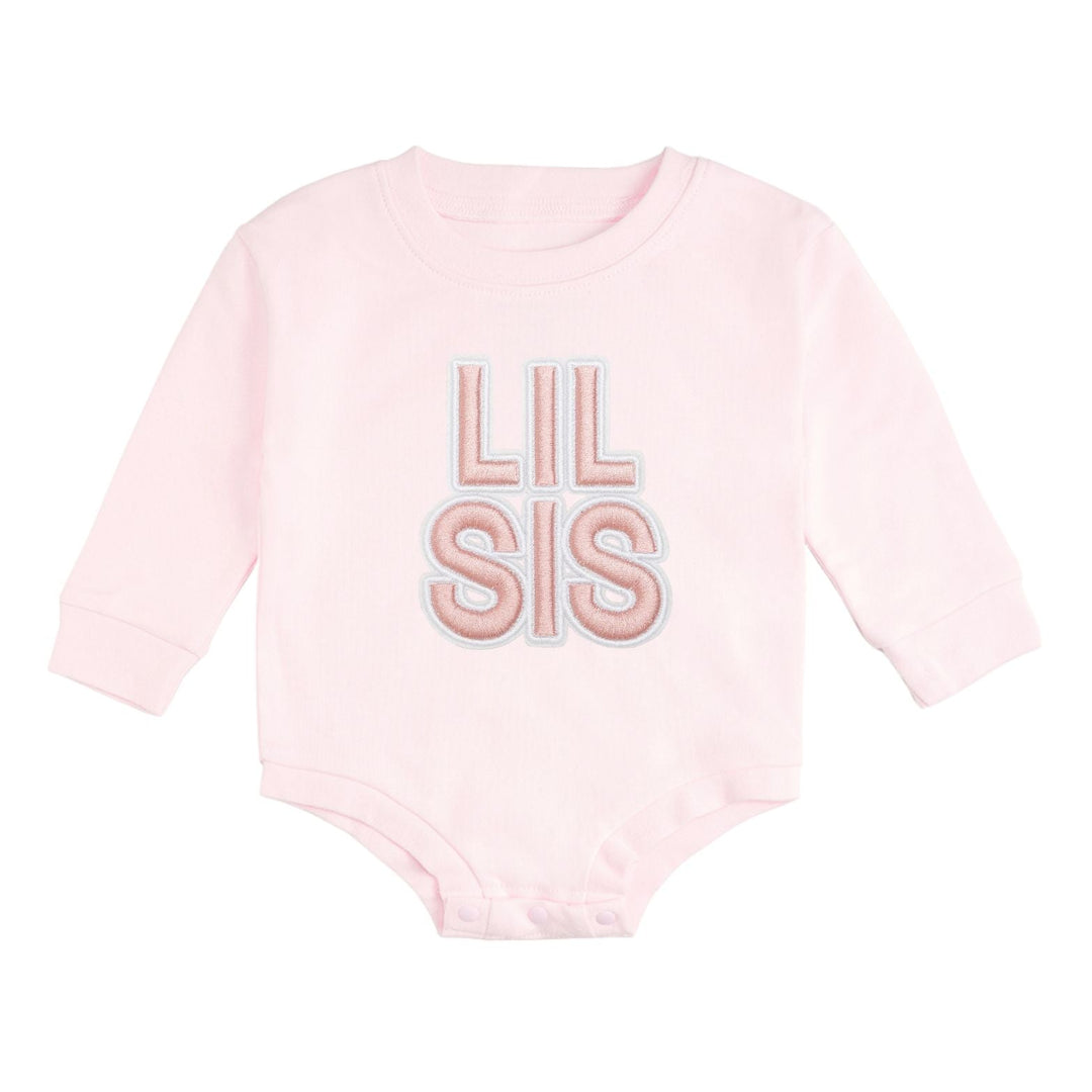 Lil Sis Embroidered Patch Long Sleeve Romper