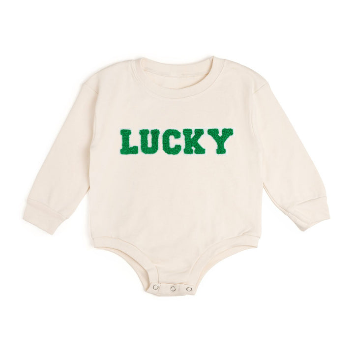 Lucky Varsity Patch St. Patrick's Day Long Sleeve Romper - Natural