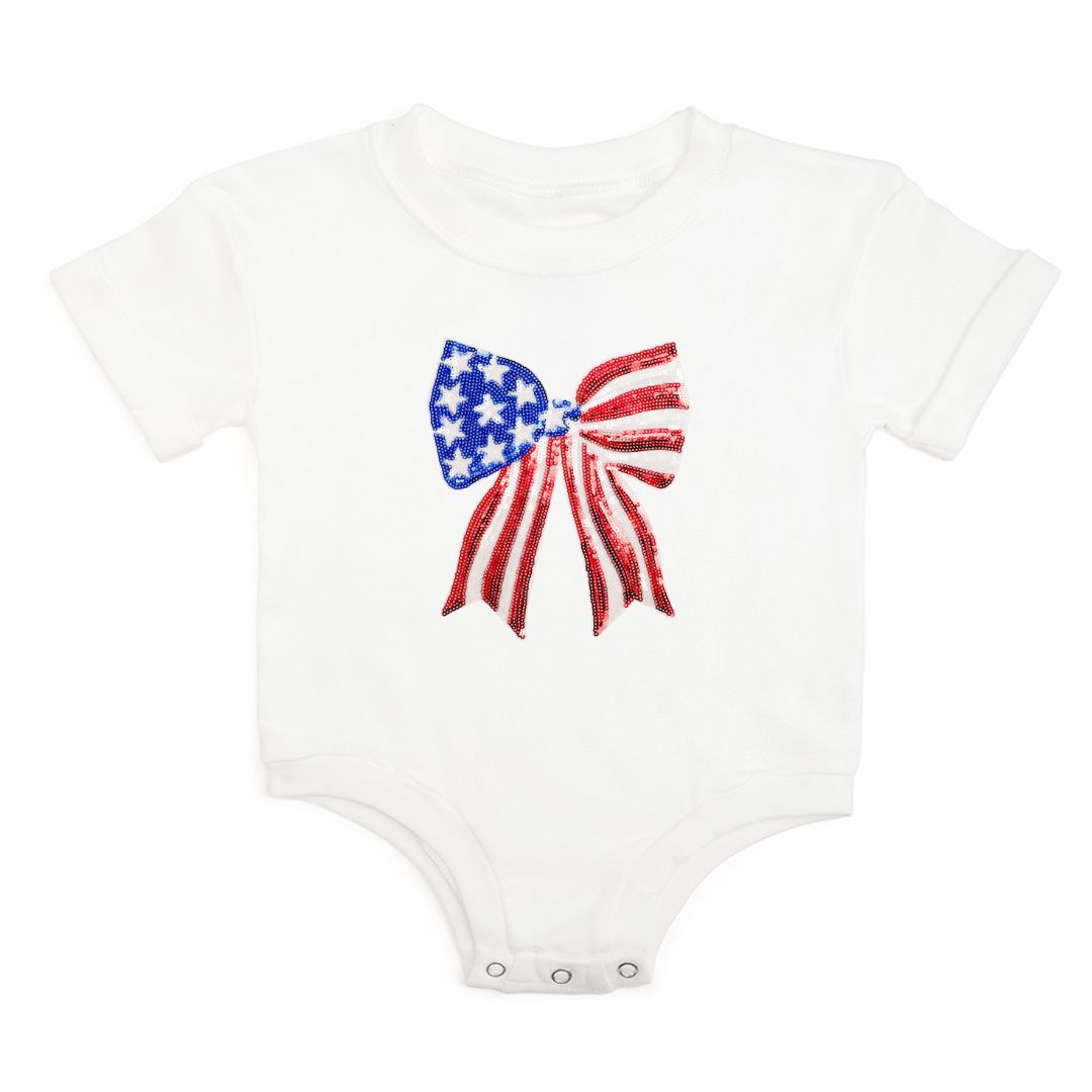 Patriotic Sequin Bow Patch Short Sleeve Romper - White