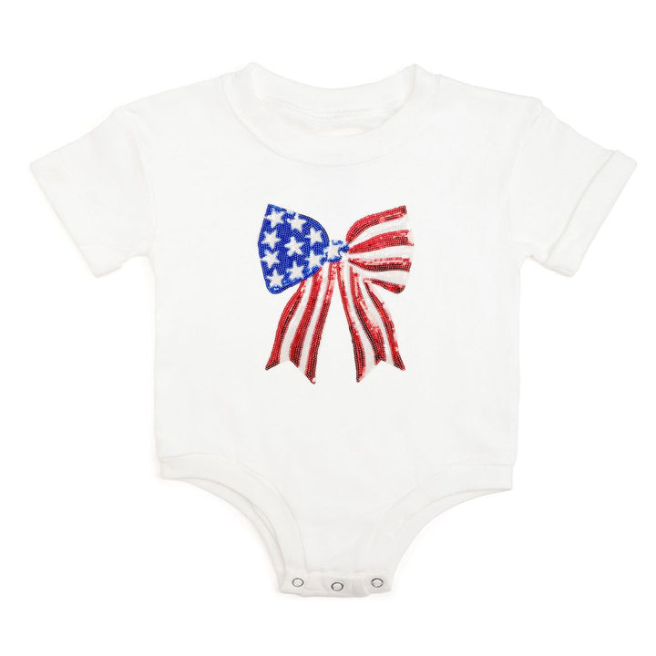 Patriotic Sequin Bow Patch Short Sleeve Romper - White