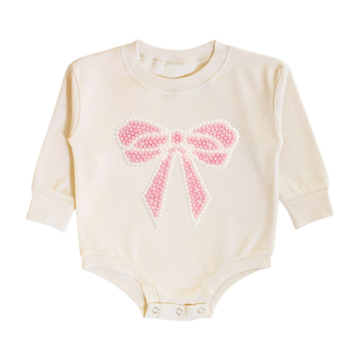 Pearl Bow Patch Long Sleeve Romper - Natural