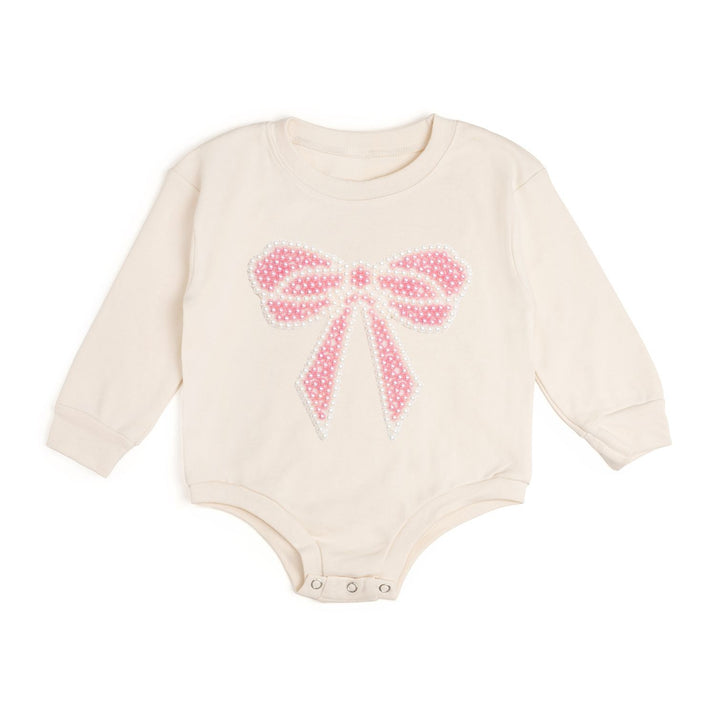 Pearl Bow Patch Long Sleeve Romper - Natural