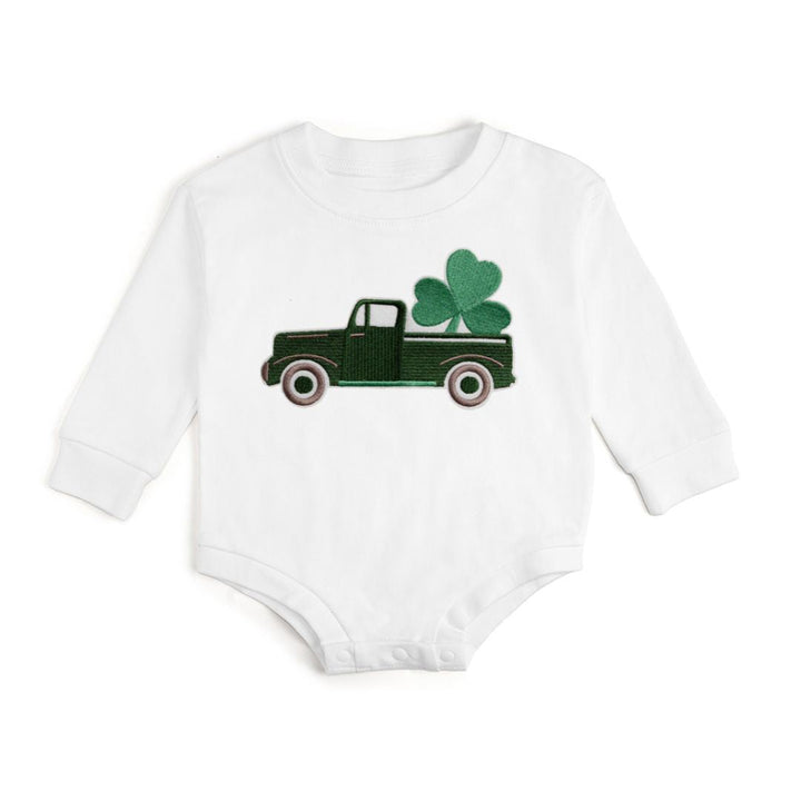 Shamrock Truck Patch St. Patrick's Day Long Sleeve Romper - White