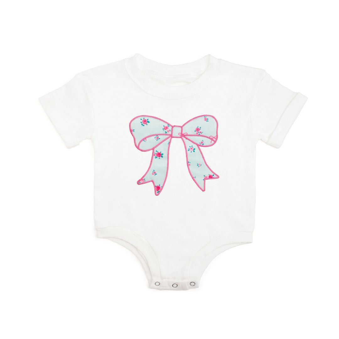 Sky Blue Floral Bow Patch Short Sleeve Romper