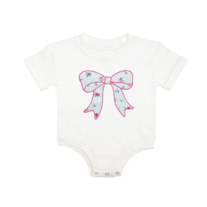 Sky Blue Floral Bow Patch Short Sleeve Romper
