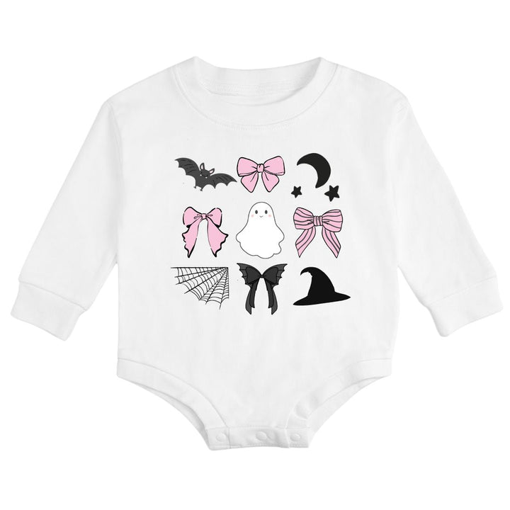 Spooky Coquette Halloween Long Sleeve Romper - White
