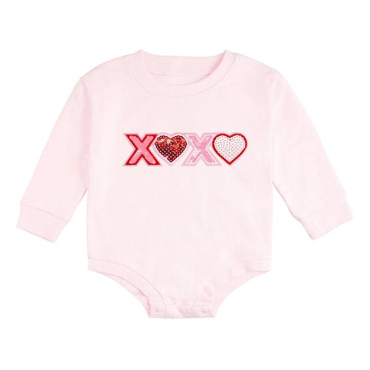 XOXO Sequin Patch Valentine's Day Long Sleeve Romper - Ballet