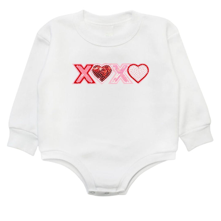 XOXO Sequin Patch Valentine's Day Long Sleeve Romper - White