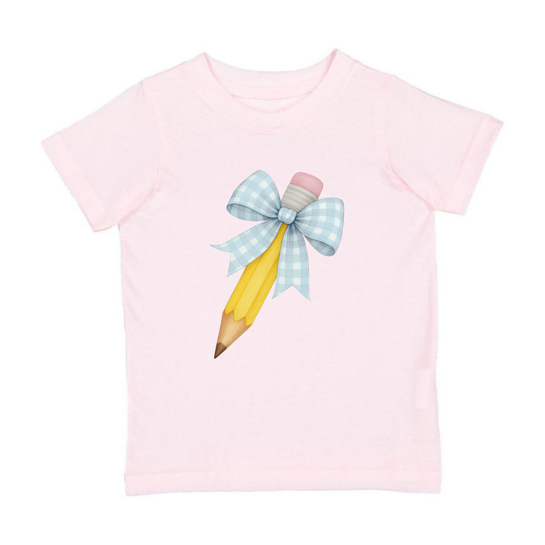 Blue Plaid Pencil Bow Short Sleeve T-Shirt