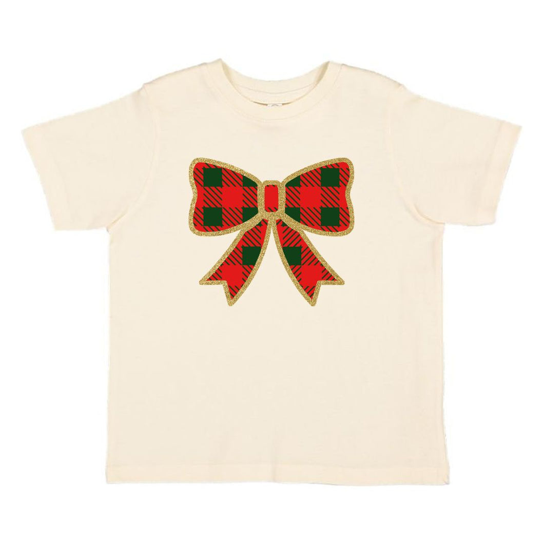 Christmas Plaid Bow Short Sleeve T-Shirt - Natural