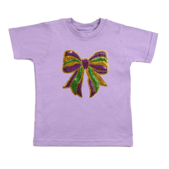 Mardi Gras Sequin Bow Patch Short Sleeve T-Shirt