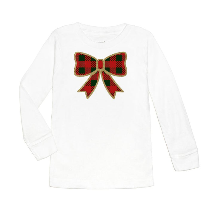 Christmas Plaid Bow Long Sleeve Shirt - White