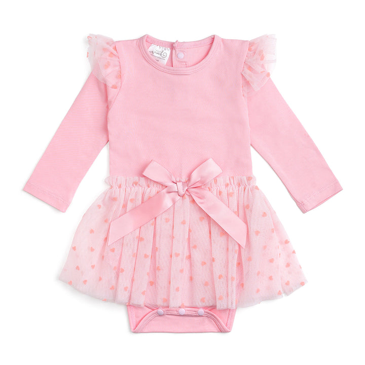 Flocked Heart Valentine's Day Tiered Long Sleeve Tutu Bodysuit